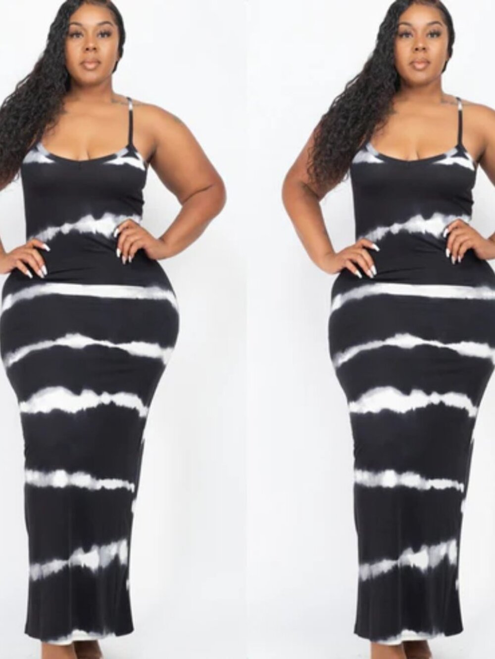 Stripe Tie-Dye Printed Maxi Dress Bodycon Racerback Black